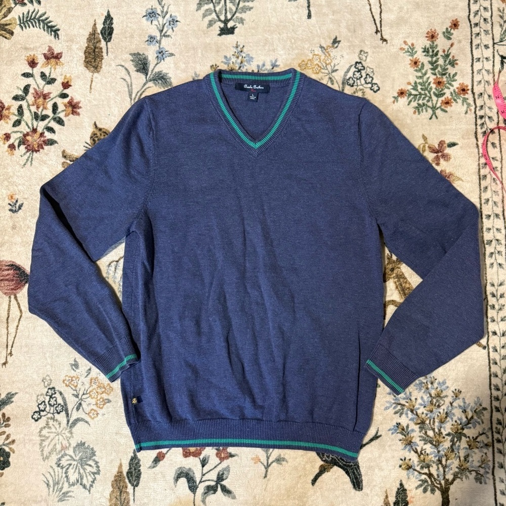 Brooks Brothers Navy V-Neck Sweater with Teal Trim wool blend L